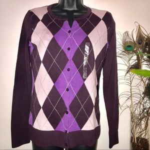 Ann T. Loft 50’s inspired Purple Argyle Cardigan